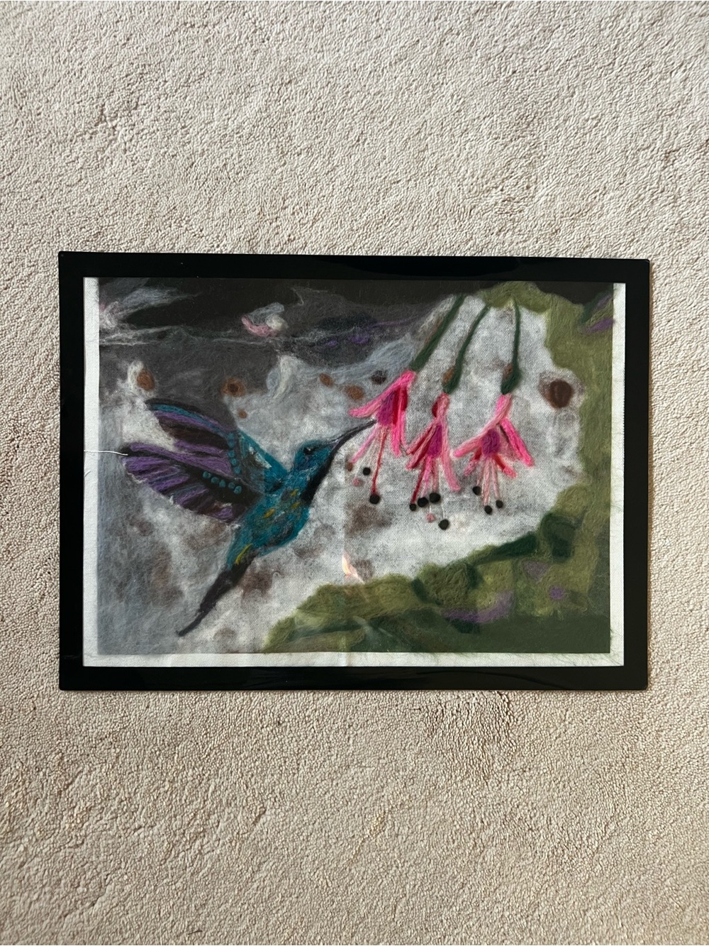 Hand Crafted Teal and Pink Hummingbird Felt Wall Art